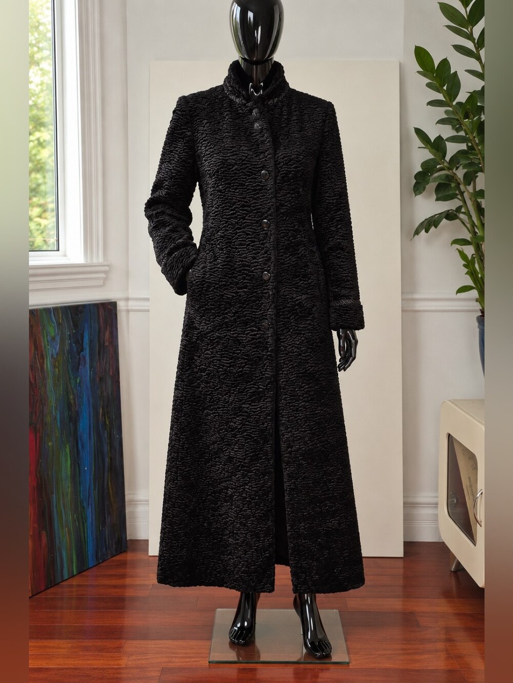 Rare Vintage Simon Chang Black Astrakhan / Faux Persian Lamb Maxi Opera Coat